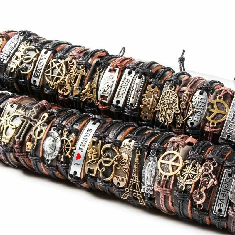 Wholesale lots 30pcs Mixed Styles Vintage Alloy leather Cuff Bracelets Jewelry - Image 4 of 4