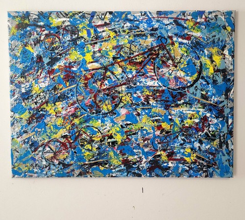 Red Bicycles Painting Abstract, Original Art, Acrylic on Canvas signed by artist - Picture 7 of 7
