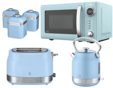 Swan Retro Revive Blue Stovetop Kettle 2 Slice Toaster Microwave Canisters Set