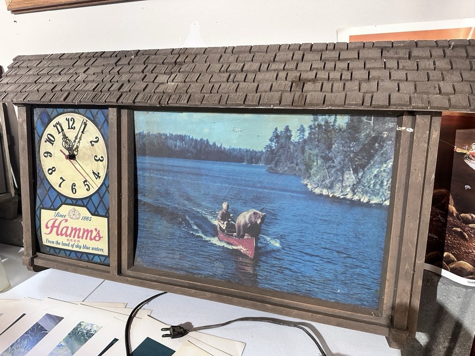 Vintage 1960’s Hamms Beer Sign & Clock Bear in Canoe | eBay