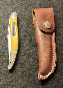 Vintage U.S.A. Stainless Yellow Toothpick Fisheye With Leather Holder