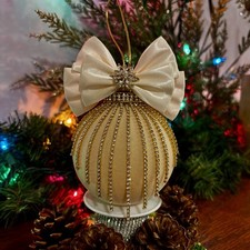 Flocked Beige Velvet Holiday Christmas Ornament Ball Handmade Gold Diamonds