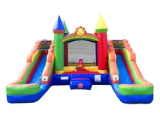 Commercial Inflatable Bounce House Rainbow Double Water Slide With Blower Used