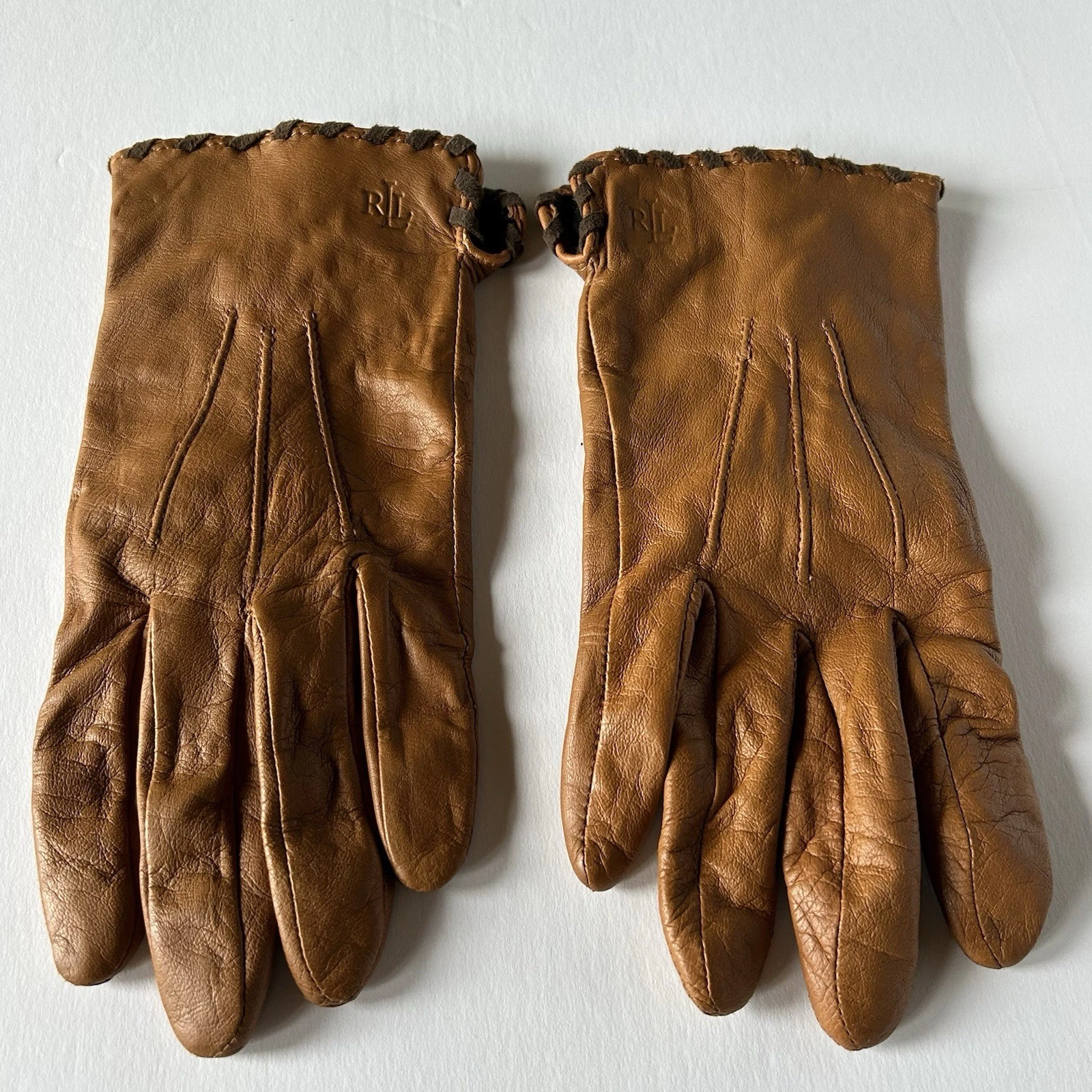 Vintage LAUREN Ralph Lauren Leather Women's Gloves Logo Medium Brown Old Money