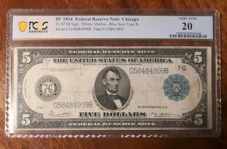 1914 $5 Chicago Federal Reserve Large Note Graded By PCGS 20 Very Fine