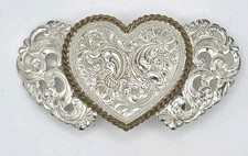 VTG Crumrine Belt Buckle 3 Heart Floral Silver Plate On Bronze Etched 4  