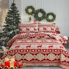 Christmas Quilt Set Red Xmas Tree Snowflake King Size Rustic Lodge Deer