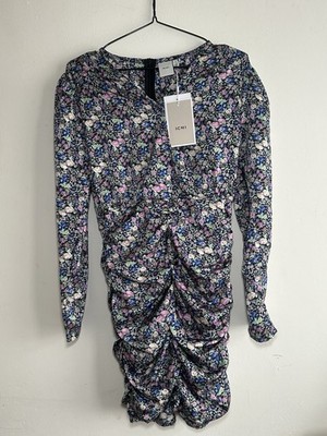 Women s Dress Floral 1/2 Back Zip V Neck Size 36 Ichi Lavender Herb Black Purple