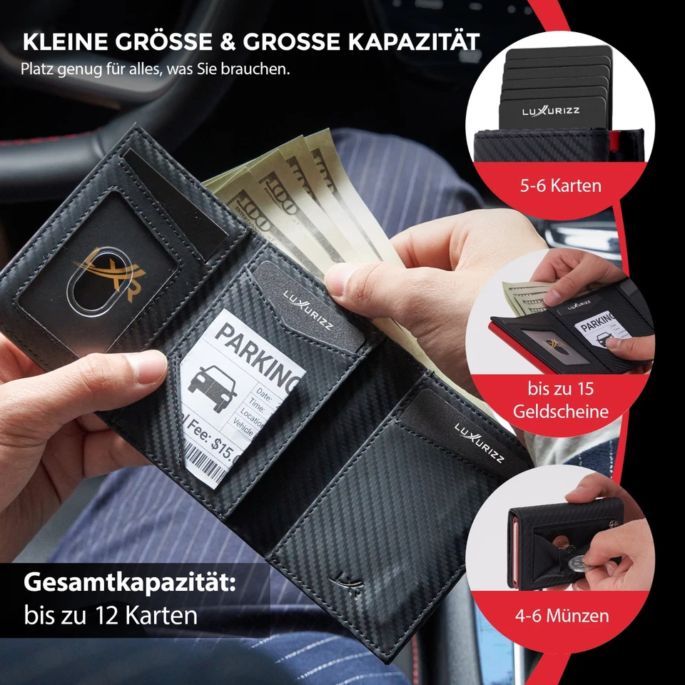 Luxurizz® Slim Wallet Magnetverschluss Rfid Schutz  Geldbeutel Carbon - Rot - Bild 4 von 4