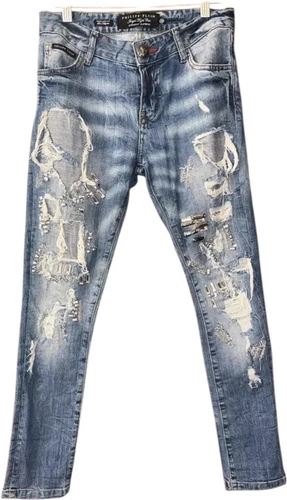 Jean droit blingy Philipp Plein Supreme Bejeweled vieilli taille 25