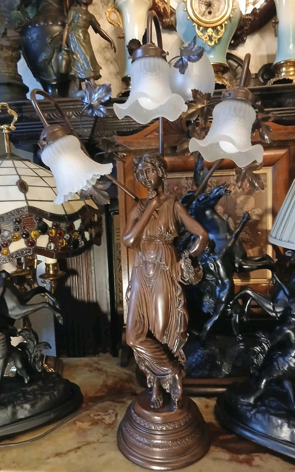 Large  Bronze Colour  Table Lamp Lady With 3 Ruffle Shades Art Nouveau Style - Image 3 of 4