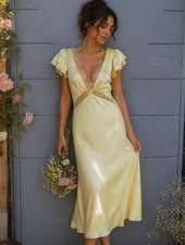 Tularosa Butter Yellow Satin Slip Dress Lace Trim Deep V Neck Flutter Slv Sz S