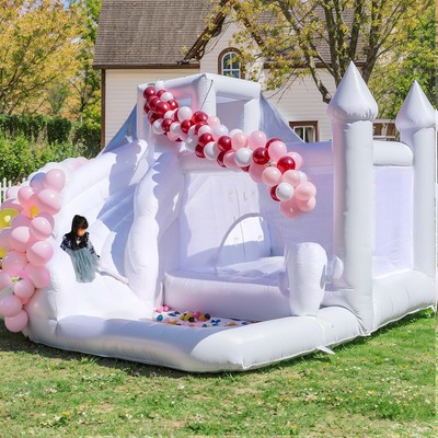 16FT Inflatable 100% PVC White Bounce House Castle w/Long Slide and Big Ball Pit
