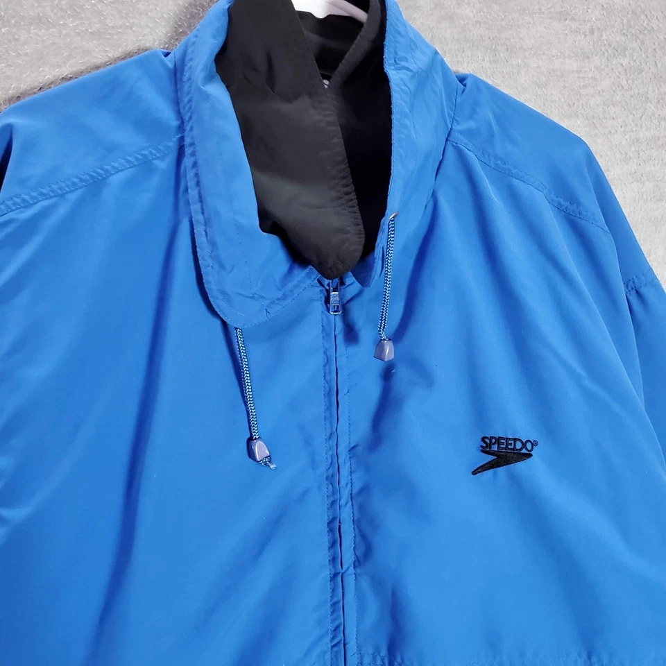 复古 Speedo 男式夹克 L 蓝色风衣标志救生员口袋全拉链 90 年代 — 第 2/4 张图片