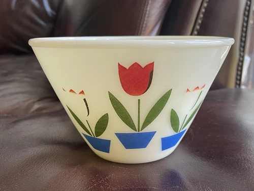 FIRE KING ANCHOR HOCKING TULIPS BOWL IVORY RED GREEN BLUE YELLOW 6 1/2" X 4"
