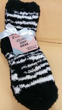 Ladies Cozy Socks Black/White Stripe/Solid Black Shoe Size 4-11 - 2 pair pack