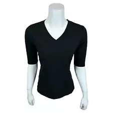 Attitudes by Renee Washed Cotton V-Neck Elbow Sleeves Top Solid Black Medium Sz