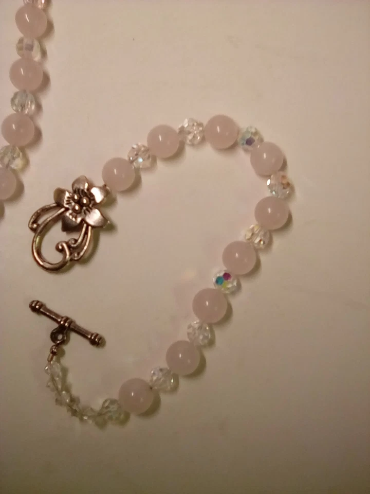 26" Art Nouveau Lt . Pink Rose Quartz & clear cut Crystal bead necklace & Bracel - Image 4 of 4
