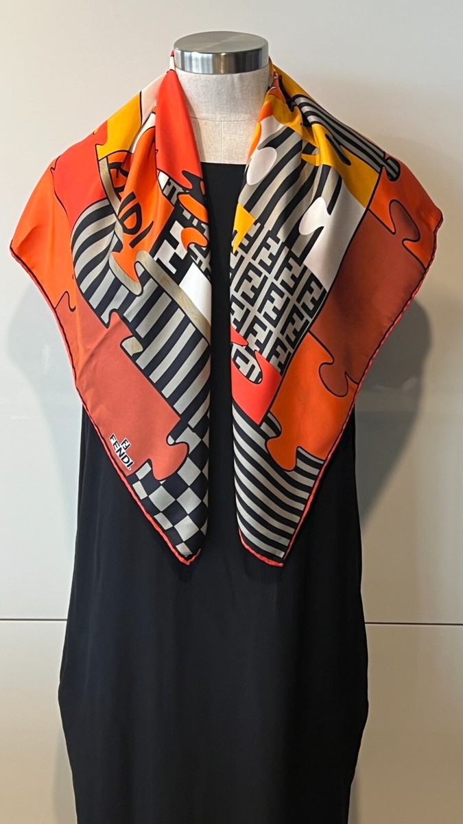 FENDI Italy Red/Orange/Black Silk Twill Check/Stripe/Logo FENDI Italy Red/Orange/Black Silk Twill Check/Stripe/Logo