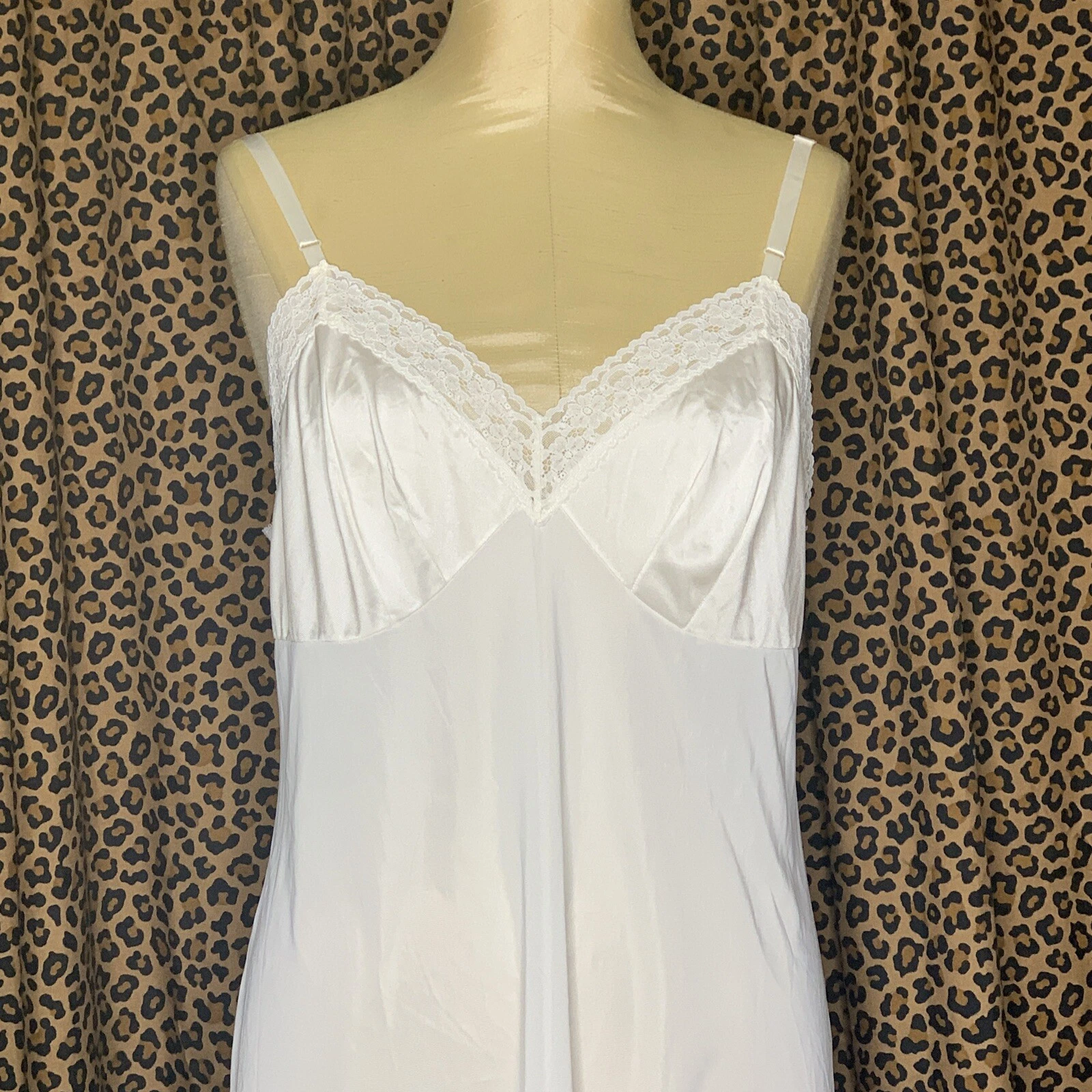 OFF WHITE Abito Slip Vintage Vanity Fair 36 Busto Semi Trasparente Bianco Nylon e Pizzo Medium
