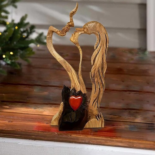 Kissing Statue-Love Eternal Wood Ornaments Wooden-Heart Desktop Sculpture Couple - Picture 2 of 10