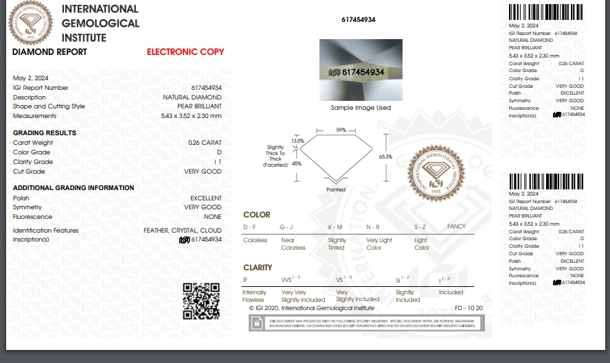 IGI Certified 0.26 Ct 100% Natural Diamond Brilliant Pear Cut 5 x 3 mm D/I1 - Image 2 of 4