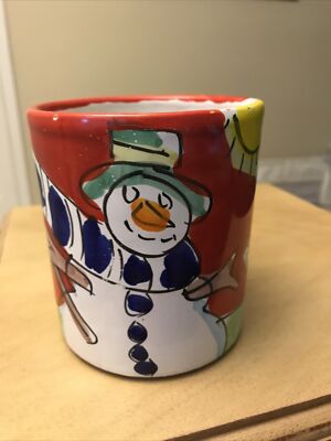 LA MUSA Ceramiche Mug Cup, Hand Painted Snowman & Boy Design Italian Pottery EUC