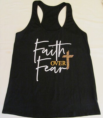FAITH OVER FEAR Graphic Print Sleeveless Racerback Knit Top BLACK w Animal SMALL
