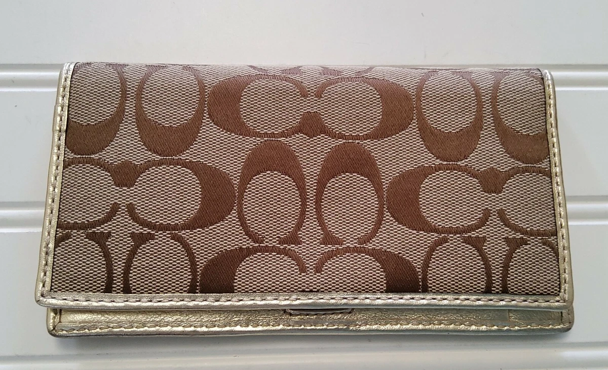 Coach Signature Checkbook Cover Brown Fabric Gold Leather Trim