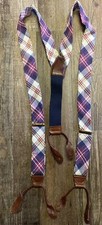 Mens Suspenders Red White Blue Plaid Brown Leather Button Y Back