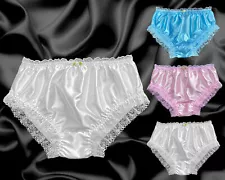 White Pink Satin Frilly Lace Sissy Full Cut Panties Briefs Knicker Sizes 10-20