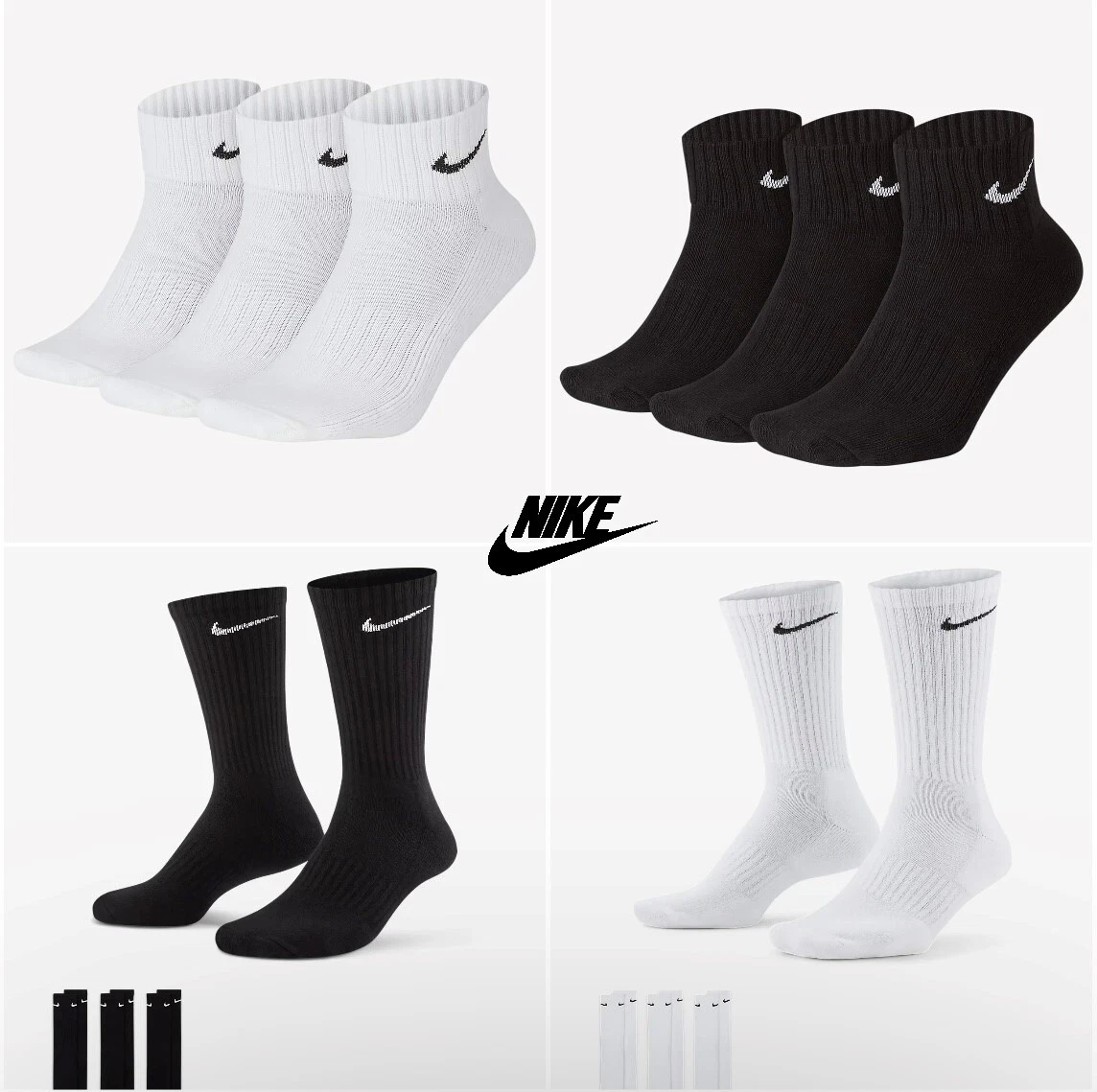 NIKE SOCKS LIGHTWEIGHT 3 PAIRS BLACK WHITE CREW ANKLE MENS WOMENS