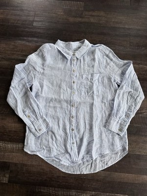Just Jeans Button Up Shirt Womens 12 Blue White Linen Collared Long Sleeve