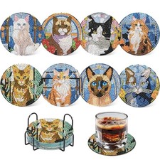 Diamond Painting Coasters, 8 Pcs Diamond Art Coasters with Holder, 5D Gem Cat