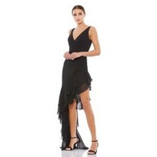 Mac Duggal 49487 Black Chiffon Ruched High-Low Ruffle Gown Dress Women's Size 4