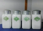 Vintage Hazel Atlas Green Shield Salt Pepper Sugar Flour Milk Glass Shakers