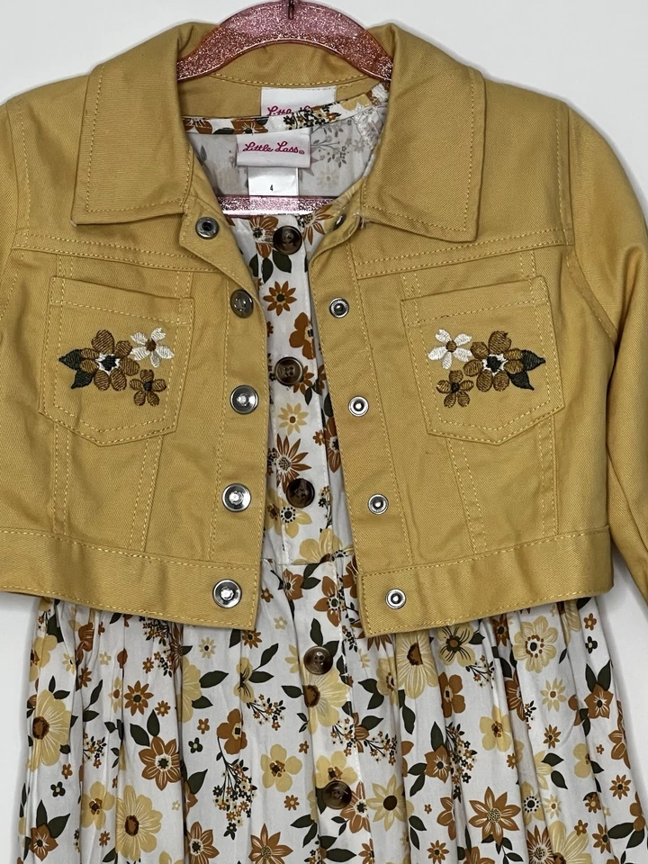 Conjunto de Vestido Little Lass y Chaqueta Denim Bordada 4T Fiesta Iglesia Boho Boda Foto 3 de 4