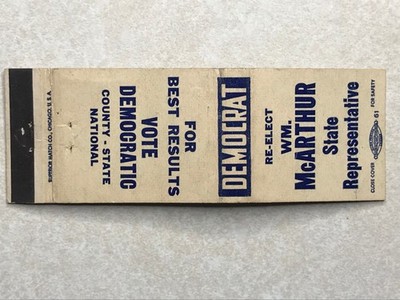 BB304 Vtg Matchbook Cover Wm. McArthur State Rep., Democrat, Cerro Gordo Cty IA