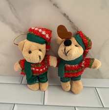 Christmas Bear  Reindeer Plush Stuffed Animal Ornaments Set of 2