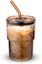 Glass Tumbler with Lid Straw 13oz Leakproof Cup for Iced Coffee Tea Water Amber