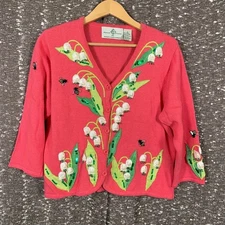 Vintage Design Options Flower Bee Spring Knit Cardigan Sweater Women's M