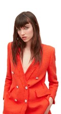ZARA Women's Orange Red Tweed Jewel Button Blazer Jacket NWT 2280/795