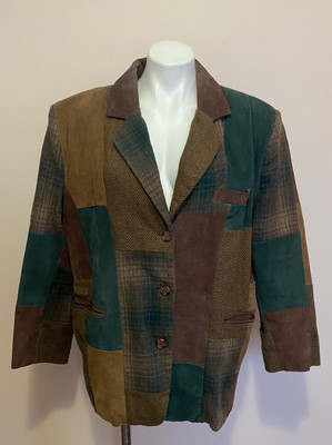 VTG Brandon Thomas Plaid herringbone Suede Wool Patchwork Blazer Brown Green 14P