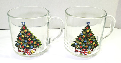 Vintage Luminarc Glass Christmas Tree Mugs Cups with Handles FRANCE Set of 2