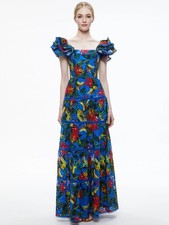 Alice + Olivia Tawny Eyelet Squre Neck Maxi Dress 8 in Tropical Sunrise Sapphire
