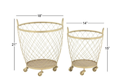 DecMode Gold Metal Deep Set Wire Basket Storage Cart with Wheels and Handle