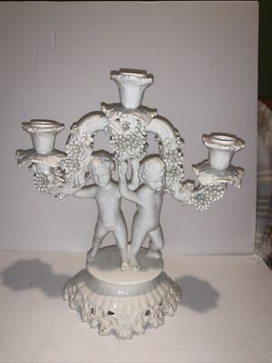 vintage Capodimonte Porcelain white italian ornate cherub 3 arm