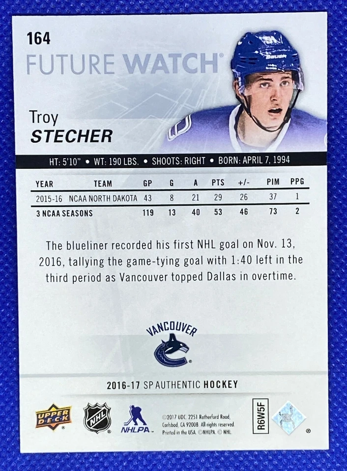 Troy Stecher Rookie 2016-17 SP Authentic #164 FW RC Vancouver Canucks - Image 2 of 2