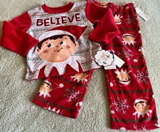 NEW Elf on the Shelf Boys Red White Christmas Fleece Long Sleeve Pajamas 4T