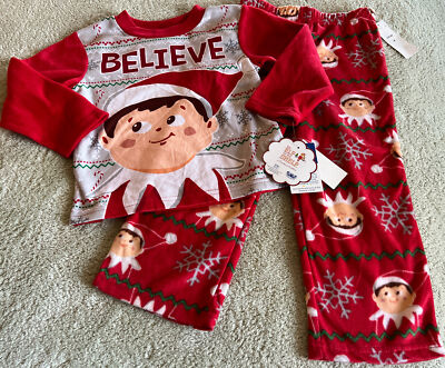 NEW Elf on the Shelf Boys Red White Christmas Fleece Long Sleeve Pajamas 4T 